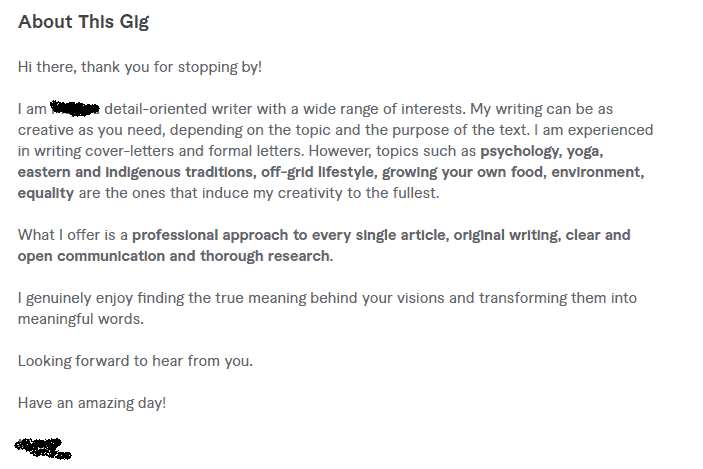 Content writer gig's description example
